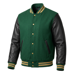 <b>Men's</b> Green Varsity <b>Jacket</b> With Black <b>Leather</b> Sleeves Button Closure Turn-down Collar Casual Fleece <b>Jacket</b> Autumn Wear - Product Image 1