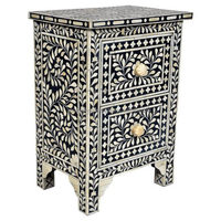 Table de chevet artisanale moderne noire en os incrusté à 2 tiroirs, écologique, pour chambre à coucher, salon, décoration intérieure, style artisanal