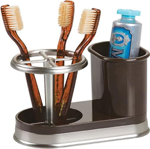 Modern Portable Black Metal Organizer Stand Minimalist Design Safely Holds Bright Metallic Paste Tube Two Amber <b>Toothbrushes</b> for - Product Image 6