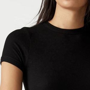 Camiseta negra ajustada acanalada de cuello redondo de alta calidad, camisetas lisas ecológicas para mujer, Camisetas Básicas de cuello redondo - Product Image 2