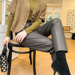 กางเกงหนังแท้หนังแกะสำหรับผู้หญิงเอวยางยืดมีเชือกผูกสีดำ/สีเทากางเกงทรงดินสอขาตรง - Product Image 4