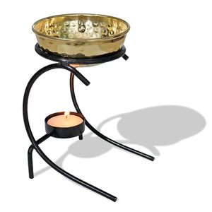 Handmade Brass Bowl Oil Burner with Black Metal Stand and <b>Tealight</b> Candle <b>Holder</b> Decorative Aromatherapy Wax Warmer - Product Image 1