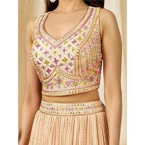 Fabuloso Peach Georgette Recepción Desgaste Lehenga Choli Hilo Bordado para Bodas - Product Image 2
