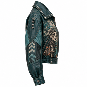 Teal Green <b>Women</b> Genuine Leather Aviator <b>Jacket</b> Custom Graphic Printed Studded Collar Cropped Outerwear OEM Factory Supplier - Product Image 3