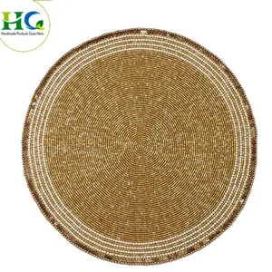 Decorative Handmade Beaded Round Light Gold Placemat handmade beaded place mat for dining table dining table placemat