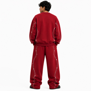 Ensemble de survêtement oversize pour homme, pantalon de jogging ample et sweat-shirt en molleton de coton rouge, orné de strass, style décontracté urbain, 2 pièces - Product Image 2