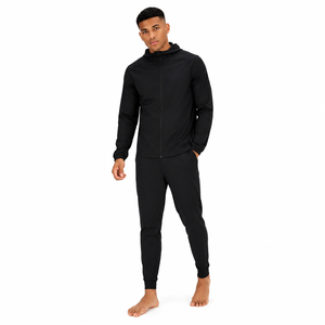 Men's Black Full <b>Zip</b> <b>Hooded</b> Tracksuit Set Solid Color Casual Jogger Pants with Side Pockets Breathable Polyester Autumn Wear - Product Image 1