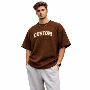 T-shirt surdimensionné en maille gaufrée avec logo personnalisé pour homme, épaules tombantes, streetwear, coton texturé, tee-shirt décontracté, mode, t-shirt vierge, OEM ODM - Product Image 2