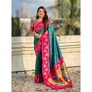Green Soft Silk Lotus Paithani Saree <b>Indian</b> & <b>Pakistani</b> <b>Clothing</b> Elite Weaves 650g - Product Image 6