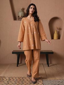 Women's Embroidered <b>Linen</b> Cotton A-Line Co-Ord Set - Product Image 2