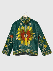 Veste en velours brodée de fleurs, col mandarin, manches longues, taille plus, style blouson pour femmes, hiver - Product Image 1
