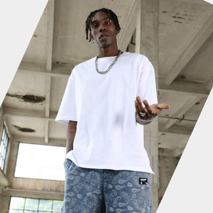 T-shirt blanc en coton surdimensionné pour homme, col rond, manches courtes, uni, coupe jersey, streetwear - Product Image 3