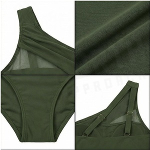 One Shoulder Asymmetric One Piece Swimsuit With Mesh Detail High Waist Women's Swimwear Solid <b>Green</b> Stretch <b>Bodysuit</b> - Product Image 4