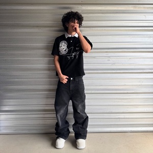 Custom Streetwear Polo T <b>shirts</b> Men Black Short Sleeve <b>Y2K</b> Graphic Printed Contrast White Lapel Collar Casual Polo <b>Shirt</b> - Product Image 4