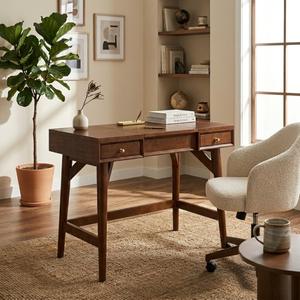 Modern Solid Wood Writing <b>Desk</b> with Drawers Mid Century Home Office Study Table Walnut Finish Wooden <b>Work</b> <b>Desk</b> - Product Image 1
