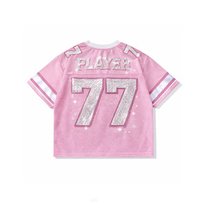 เสื้อเจอร์ซีย์อเมริกันฟุตบอลสุดฮิต ประดับคริสตัลวิบวับ สีชมพู แบบสั่งทำพิเศษ เสื้อกีฬาโอเวอร์ไซส์ แขนสั้น ผ้าตาข่าย รับผลิตแบบ OEM - Product Image 5