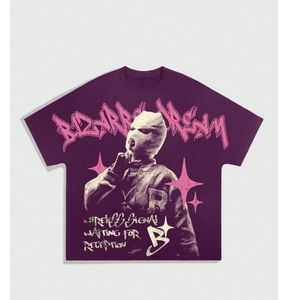 T-shirt personnalisé à imprimé graphique violet, motif masqué, en coton épais, pour homme, style streetwear Y2K, coupe oversize, vente en gros - Product Image 1