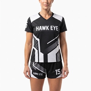 Ensemble uniforme de football pour femmes 100% polyester personnalisé, couleur noire, t-shirt à manches courtes et col en V et short pour équipe féminine, vêtements de sport - Product Image 5