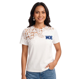 Trendy Floral Lace Overlay Cotton women's shirt Chenille Embroidered Custom Logo Half Sleeve Regular Fit Hybrid Casual T-Shirt - Product Image 1