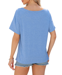 T-shirts en toile bleus de haute qualité pour femmes, respirants, anti-boulochage, col en V, manches courtes, grandes tailles, vêtements décontractés de marque - Product Image 3