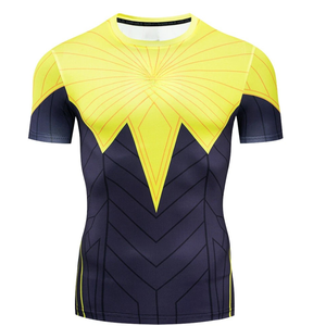 Camiseta deportiva de manga corta con estampado de personajes en amarillo y azul marino para hombre, de corte ajustado y secado rápido. - Product Image 1
