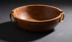 Bol de service rond en bois de manguier finition noyer avec poignées latérales métalliques modernes - Product Image 2