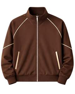 Ensemble de survêtement marron personnalisé pour homme – Veste zippée intégrale et pantalon de jogging avec passepoil contrastant – Tenue de sport et streetwear – OEM ODM - Product Image 1