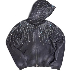 Sweat-shirt à capuche zippé pour homme, motif étoile en strass, effet délavé, style hip-hop - Product Image 4