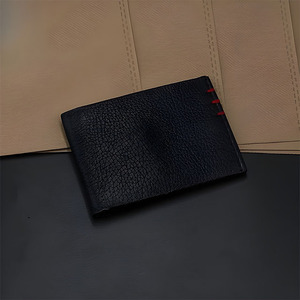 Premium High Quality Genuine Leather Purse Male Luxury Bifold <b>Wallet</b> Red Stitch Retro <b>Black</b> Textured Cowhide Card Holder Pocket - Product Image 5