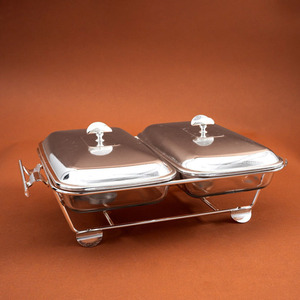 Ensemble de réchauds à double paroi en verre de qualité supérieure, cadre en acier inoxydable avec poignées dorées, rectangulaire, 2 bacs, chauffe-plats pour restaurant et buffet - Product Image 1