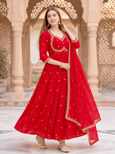 Traje Anarkali de mezcla de seda bordada con dupatta, vestido largo hasta el suelo con vuelo, ropa étnica elegante, festiva, estructurada y tradicional. - Product Image 6