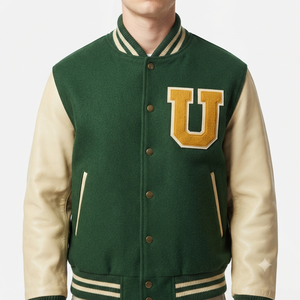<b>Men's</b> Green Varsity <b>Jacket</b> With Cream Leather Sleeves Embroidered <b>Letter</b> Logo Turn-down Collar Autumn Preppy Style - Product Image 2