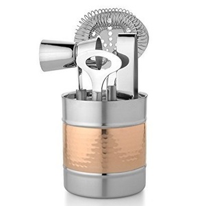 Kit de barman professionnel en acier inoxydable avec support en cuivre martelé, ensemble shaker à cocktails, doseur et passoire pour outils de bar à domicile - Product Image 1