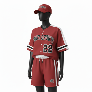 ชุดเบสบอลหญิง ผ้าโพลีเอสเตอร์เนื้อนุ่ม ระบายอากาศได้ดี 150 GSM ซับเหงื่อ สีแดงขาว แถบข้าง ปักโลโก้ตามสั่ง ชุดสำหรับผู้หญิง - Product Image 4