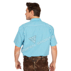 Chemise à carreaux en coton pour homme, turquoise et blanc, à manches courtes, col boutonné, poche poitrine, style décontracté bavarois pour l'Oktoberfest - Product Image 4