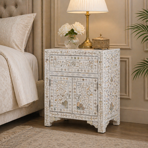 White Pearl Inlay Nightstand Wood Bedside <b>Table</b> Cabinet Floral Pattern <b>Storage</b> <b>Side</b> <b>Table</b> for Bedroom Hotel - Product Image 2