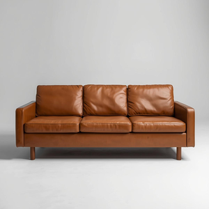 Sofá de Cuero Color Coñac Estilo Moderno de Mediados de Siglo, Patas de Madera Maciza, Sofá de 3 Plazas para Sala de Estar, Vestíbulo de Hotel, Muebles de Oficina - Product Image 1
