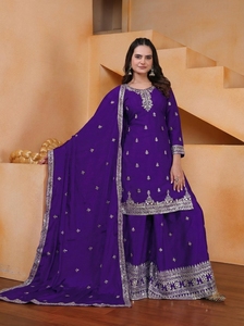 Vichitra Blooming <b>Sequin</b> Embroidered Top With <b>Flared</b> Palazzo And Dupatta Women Three Piece Festive Salwar Suit Set - Product Image 2