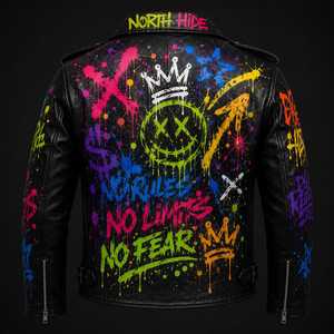 Veste de moto en cuir pour homme, style punk, imprimé graffiti, fermeture éclair, col rabattu, vêtement d'automne - Product Image 4