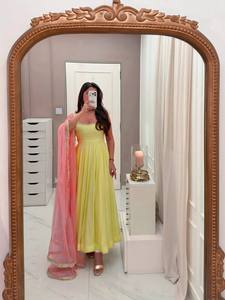 Yellow Pink Women Salwar Kameez Set Embroidered <b>Net</b> Dupatta Solid Sleeveless <b>Top</b> Traditional Dress for Party Wedding - Product Image 4