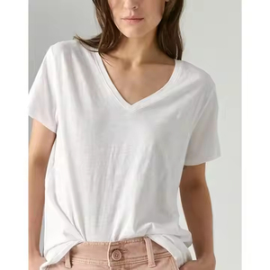 Camiseta Clásica de Algodón Orgánico con Cuello en V para Mujer, Bordada, de Manga Corta, Lavable y Transpirable, Venta al Por Mayor de Fábrica - Product Image 6