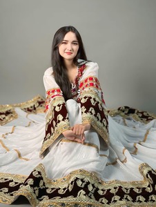 Traditional Pashtun Dress Women Casual Dresses <b>White</b> Georgette Velvet Maroon Embroidered Border Mirror Work Ethnic <b>Maxi</b> Long Gow - Product Image 3