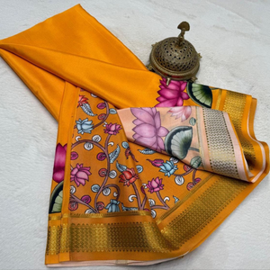 Elegante Saree Naranja Mostaza con Borde Decorativo de Zari y Diseño de Vaca - Product Image 3