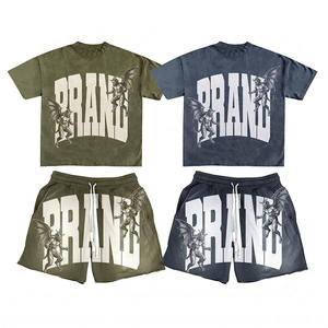 Vintage Acid Washed <b>Blank</b> Mens Summer Two Pieces Set Customized <b>Weight</b> logo Graphics Colors Drawstring Shorts and T-shirt Set - Product Image 3