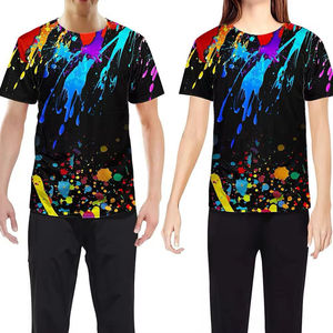T-shirt unisexe noir à manches courtes avec imprimé éclaboussures de peinture colorées, haut décontracté d'été - Product Image 3