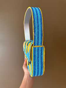 Lemon <b>Yellow</b> Beaded Bohemian Woven Shoulder Bag Handcrafted Eco-Friendly Lightweight <b>Handbag</b> Blue Accents Bright Statement - Product Image 5