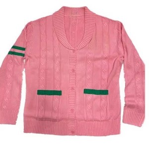 Custom OEM ODM Manufacturer Sorority Women pink Casual Spring/Autumn Front <b>Cable</b> V-neck Cardigan Embroidery Pullover Sweater - Product Image 1