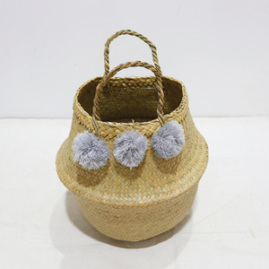 New Design Durable Circle Palm Leaf Belly <b>Basket</b> Grey Pom Pom Woven Storage Bin <b>Foldable</b> Pot with Handle - Product Image 4