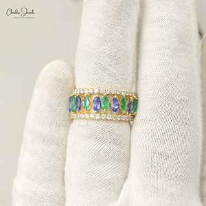 Bague en Tanzanite Naturelle et Émeraude Multicolore, Or Jaune Fin 14K, Pavé de Diamants, Couronne, Bague de Cocktail Détachable de Luxe - Product Image 5