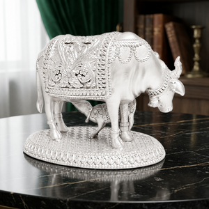 Estatua Religiosa Decorativa de Primera Calidad, Figura de Vaca y Ternero Plateada, Base de Latón, Ideal para el Hogar o Templo, Artículo de Regalo - Product Image 3